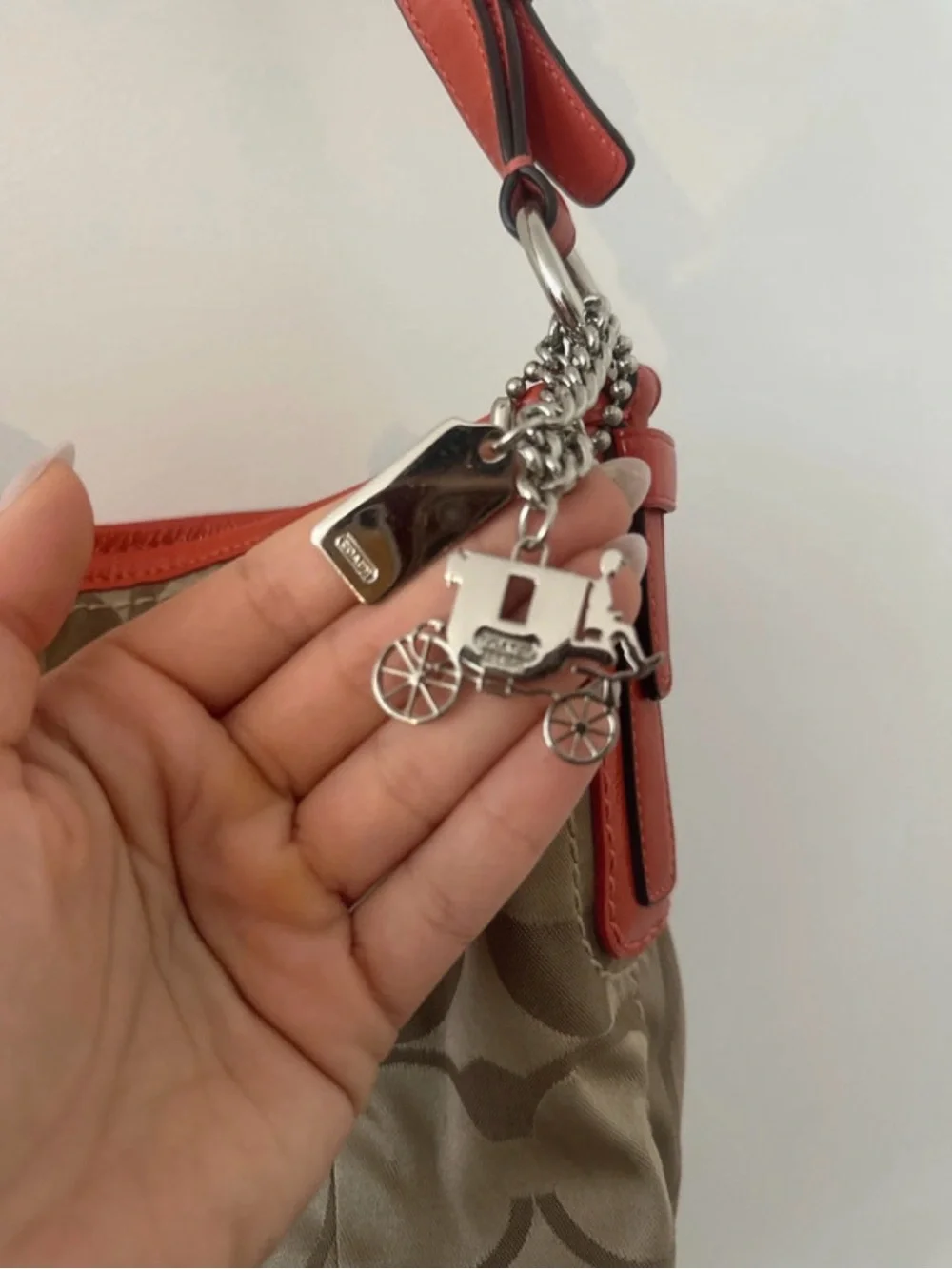 Like NEW Coach Signature Hobo Bag in Khaki with Coral Trim